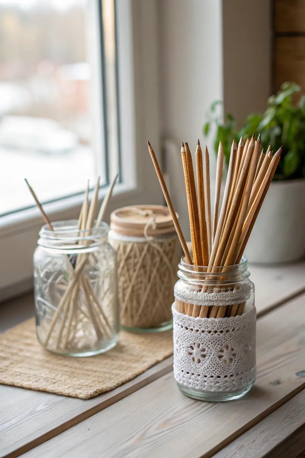 Elevate your knitting space with a touch of rustic charm — mason jars transform your needles into a bouquet of creativity.