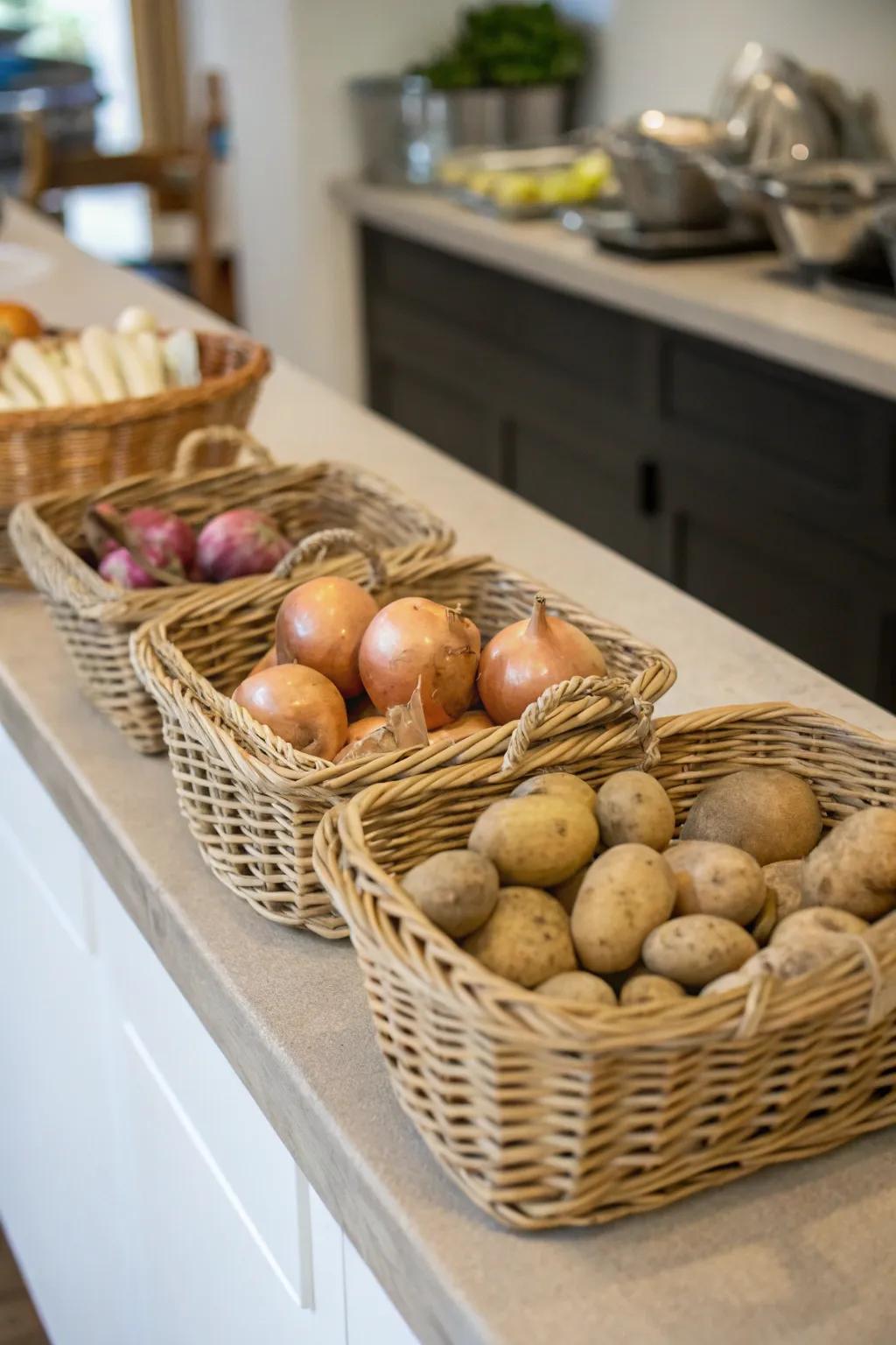 Wicker baskets add a rustic charm to your kitchen while providing proper storage.