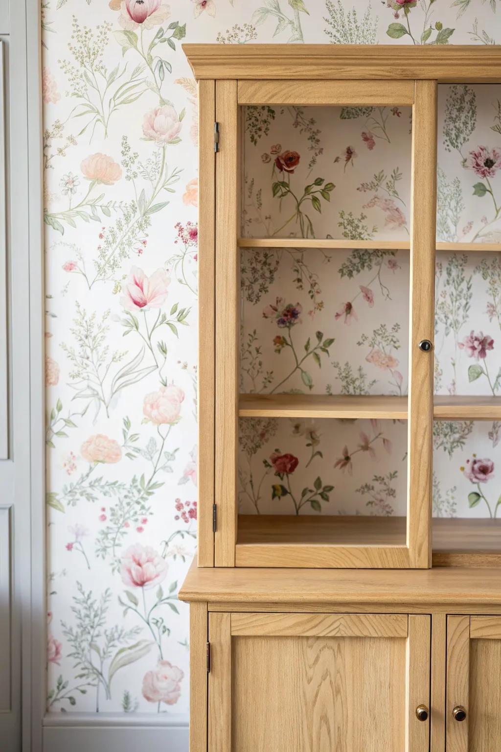 Elevate your hutch with a touch of floral elegance. Discover the charm of wallpaper backing!