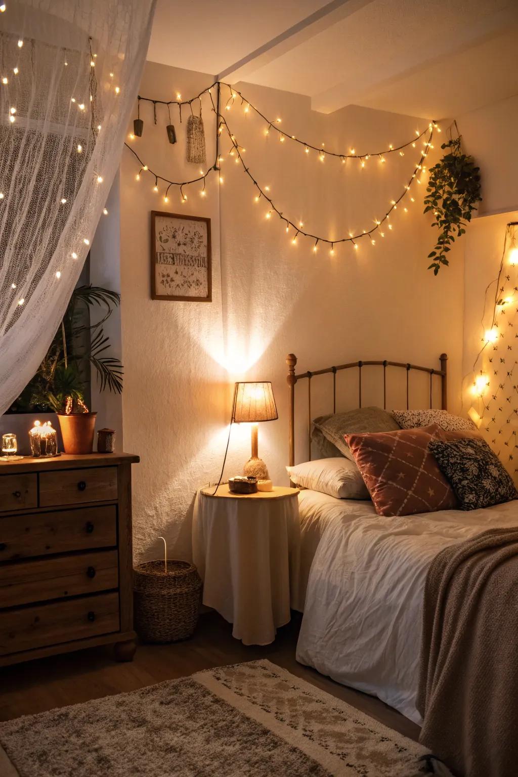 Warm lighting transforms the mood of the bedroom.