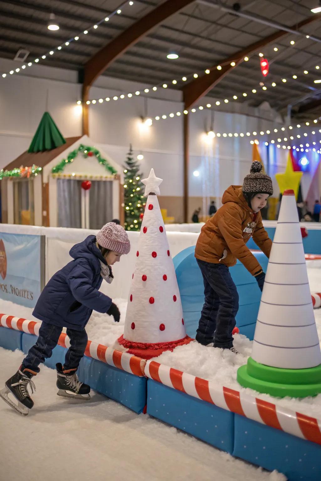 Kids navigating a fun and challenging winter-themed obstacle course.