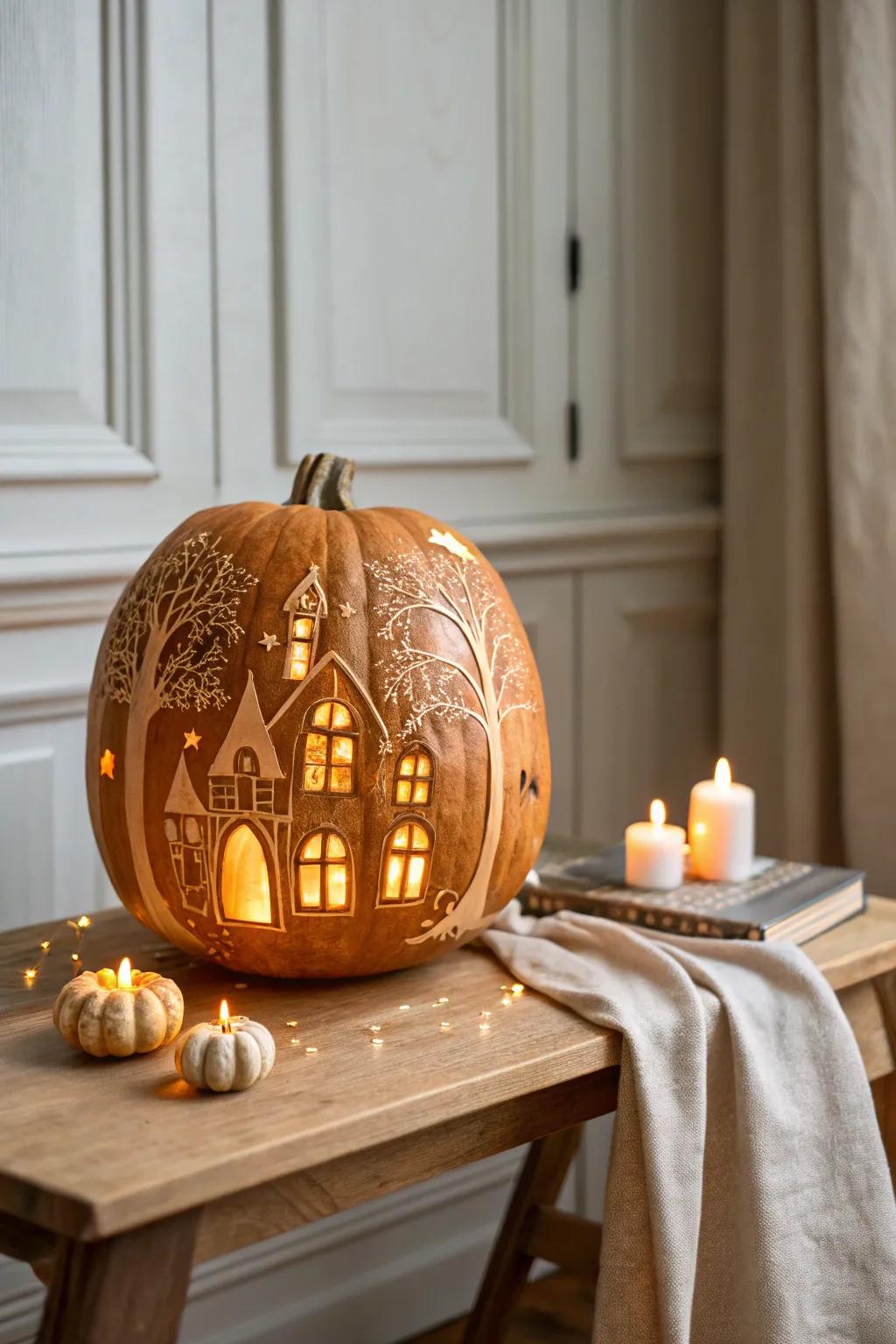 Bring a touch of spooky elegance to your decor with this charming haunted house pumpkin.