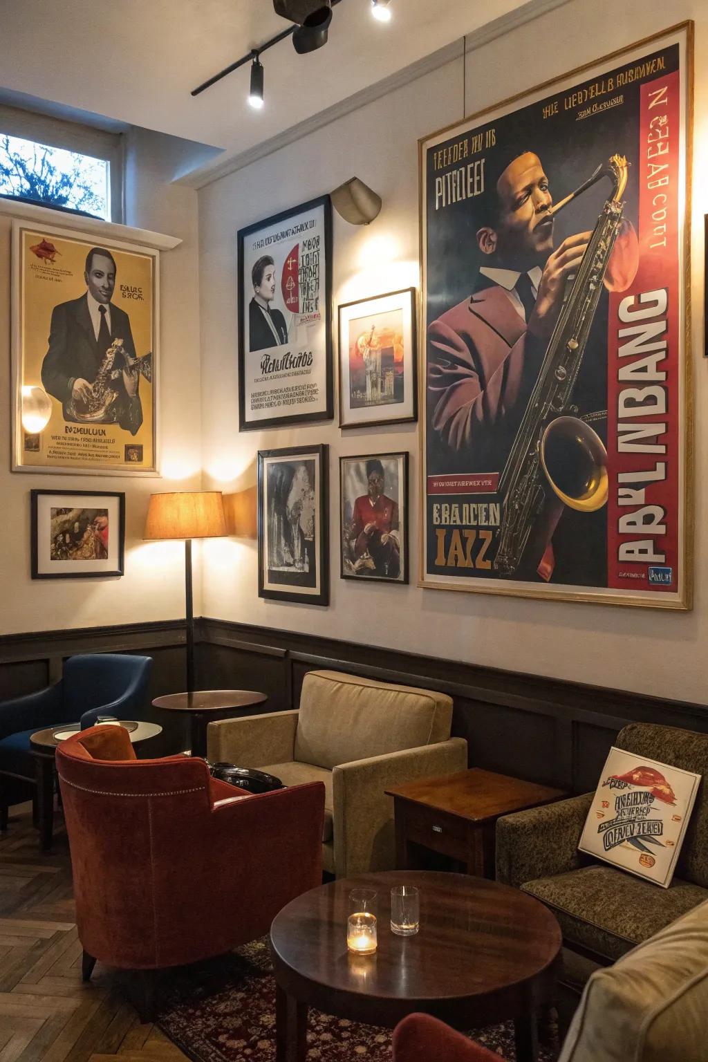 Vintage posters are a nostalgic nod to jazz legends.