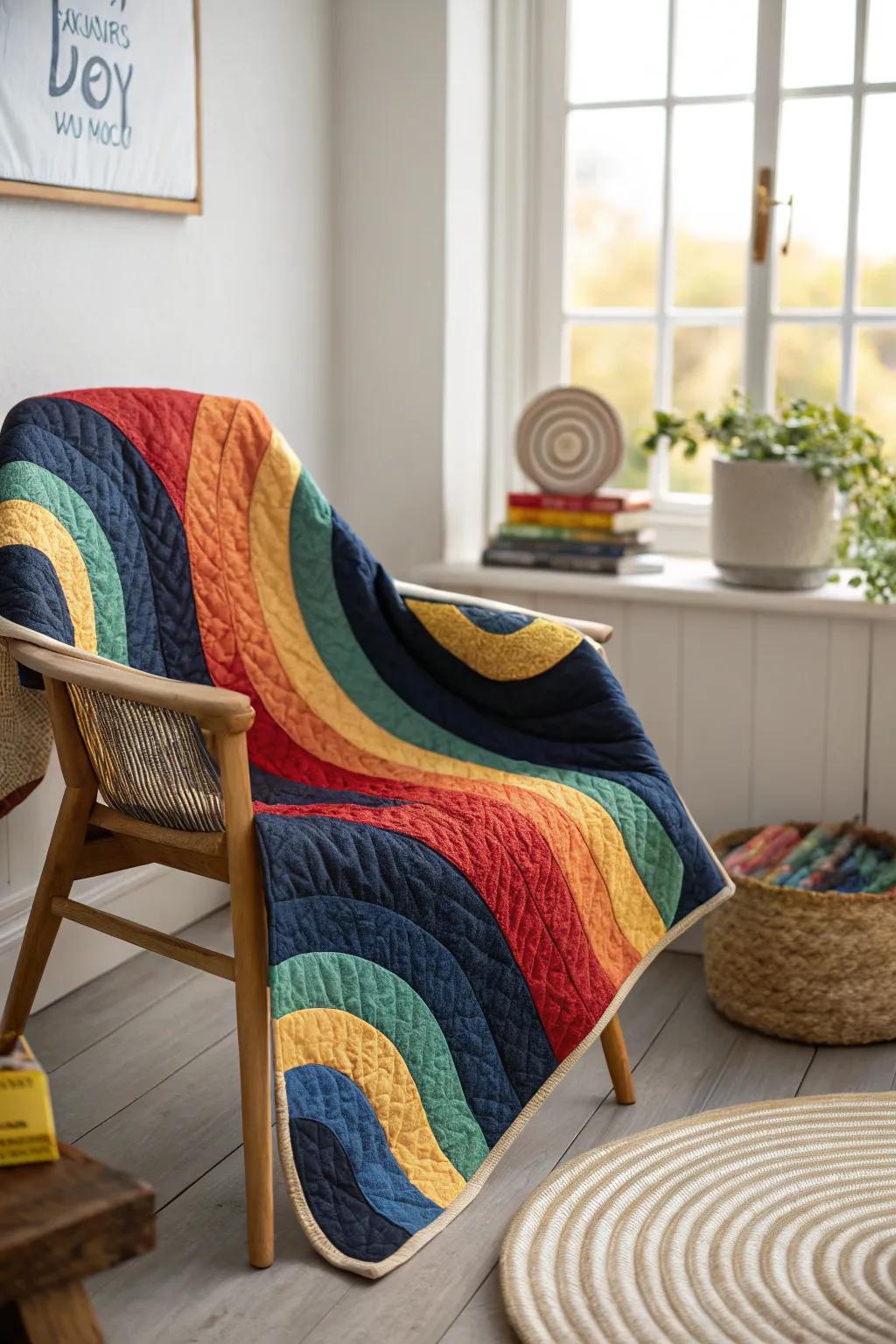 Bring a splash of joy and color into your home with this exquisite rainbow swirl quilt, perfect for adding a touch of artistry and warmth to any minimalist space.