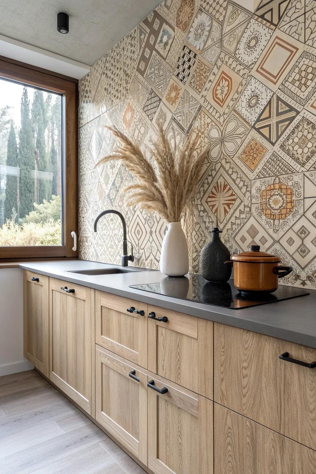 Transform your kitchen with a stunning accent wall—where Scandinavian minimalism meets boho chic!