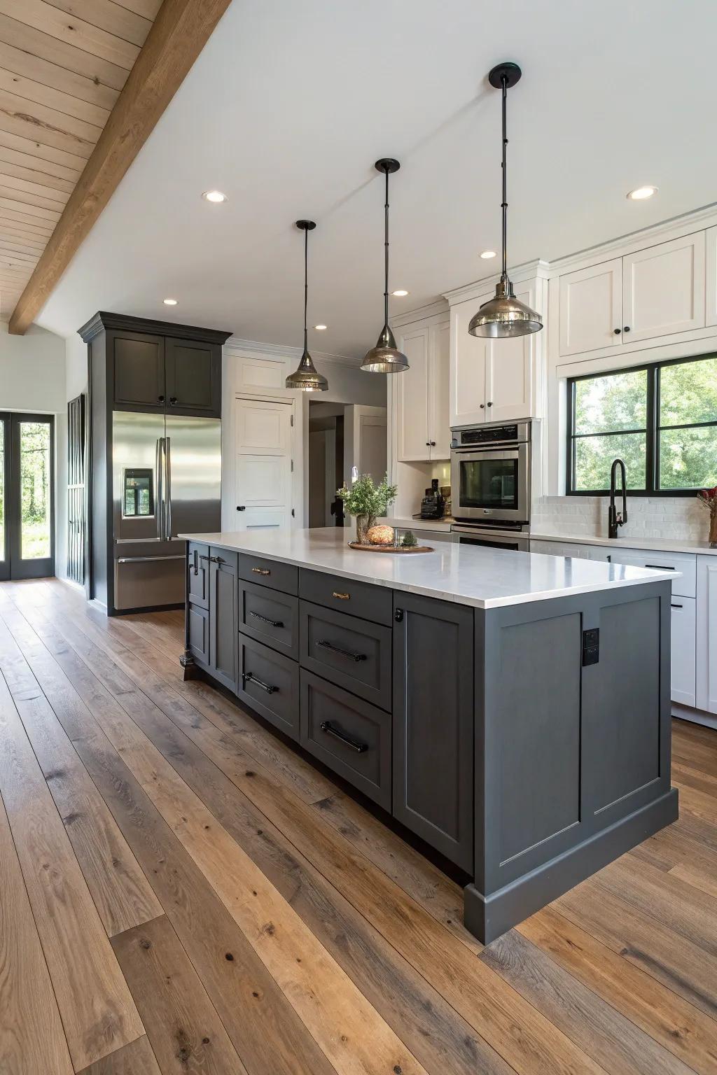 A charcoal gray kitchen island exudes modern elegance in this stylish kitchen.