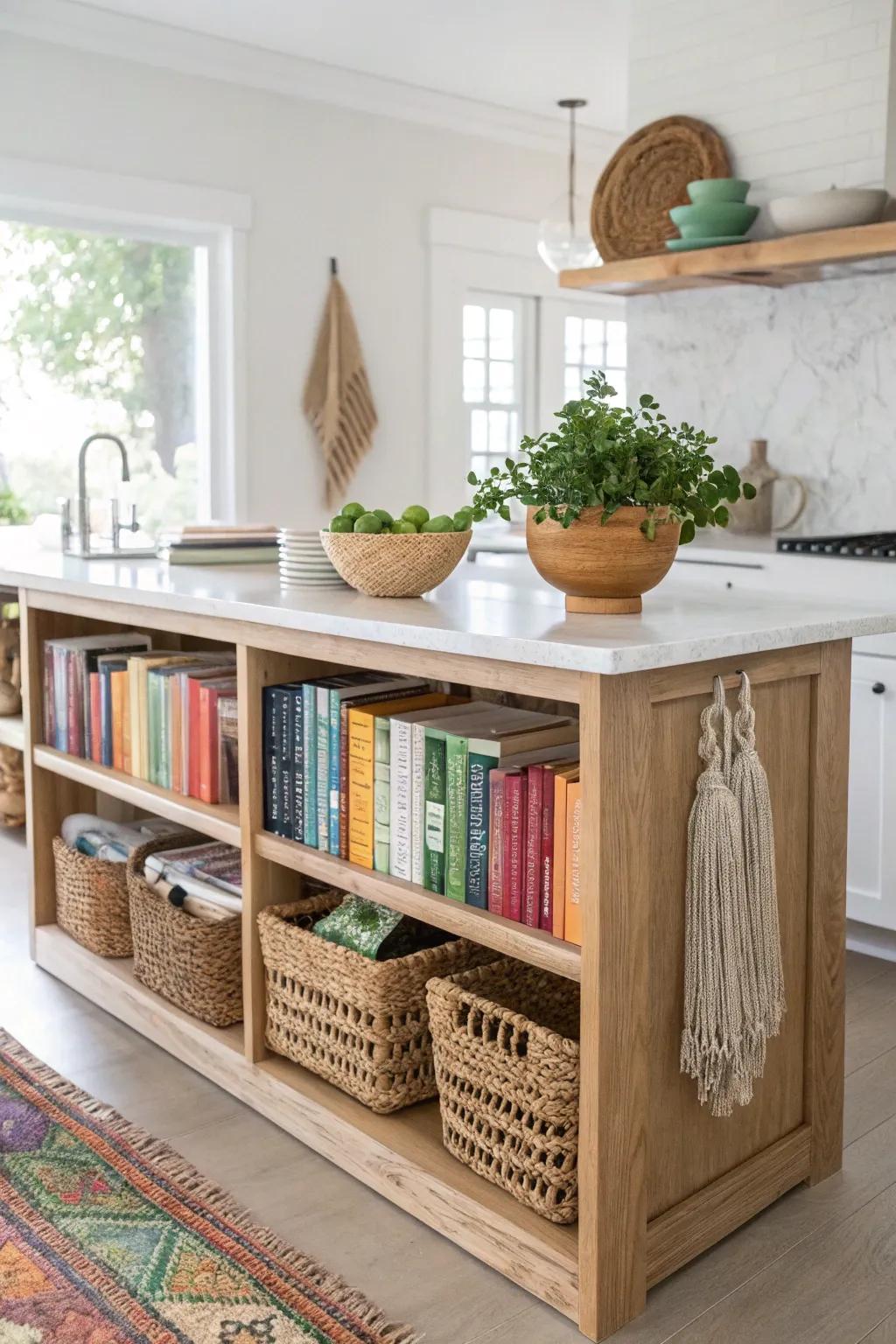 Transform your kitchen island with open shelving to showcase your favorite cookbooks and more. Discover the beauty in simplicity and craftsmanship.