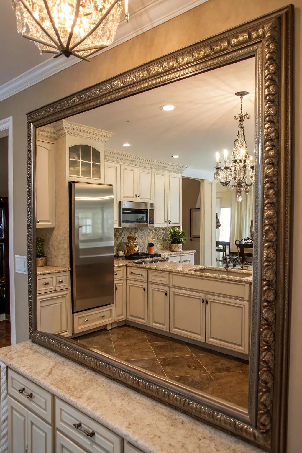 A mirror adds depth and light to a windowless kitchen.