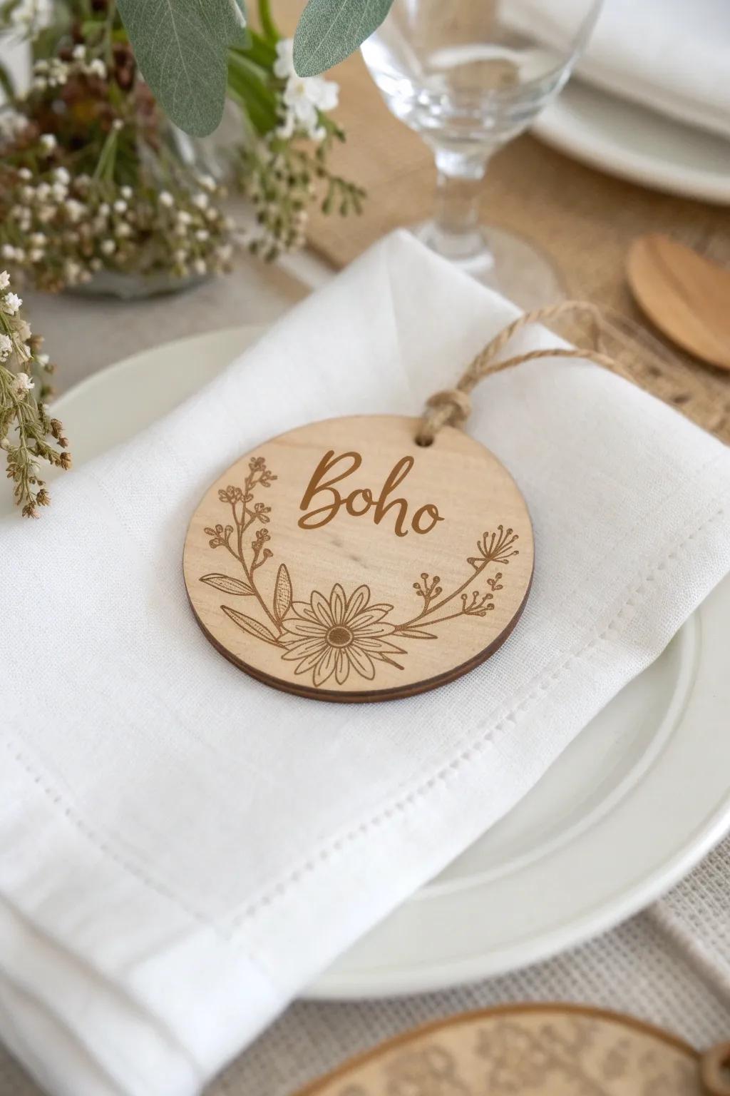 Elevate your gatherings with personalized wooden tags that blend Scandinavian minimalism with Boho charm.