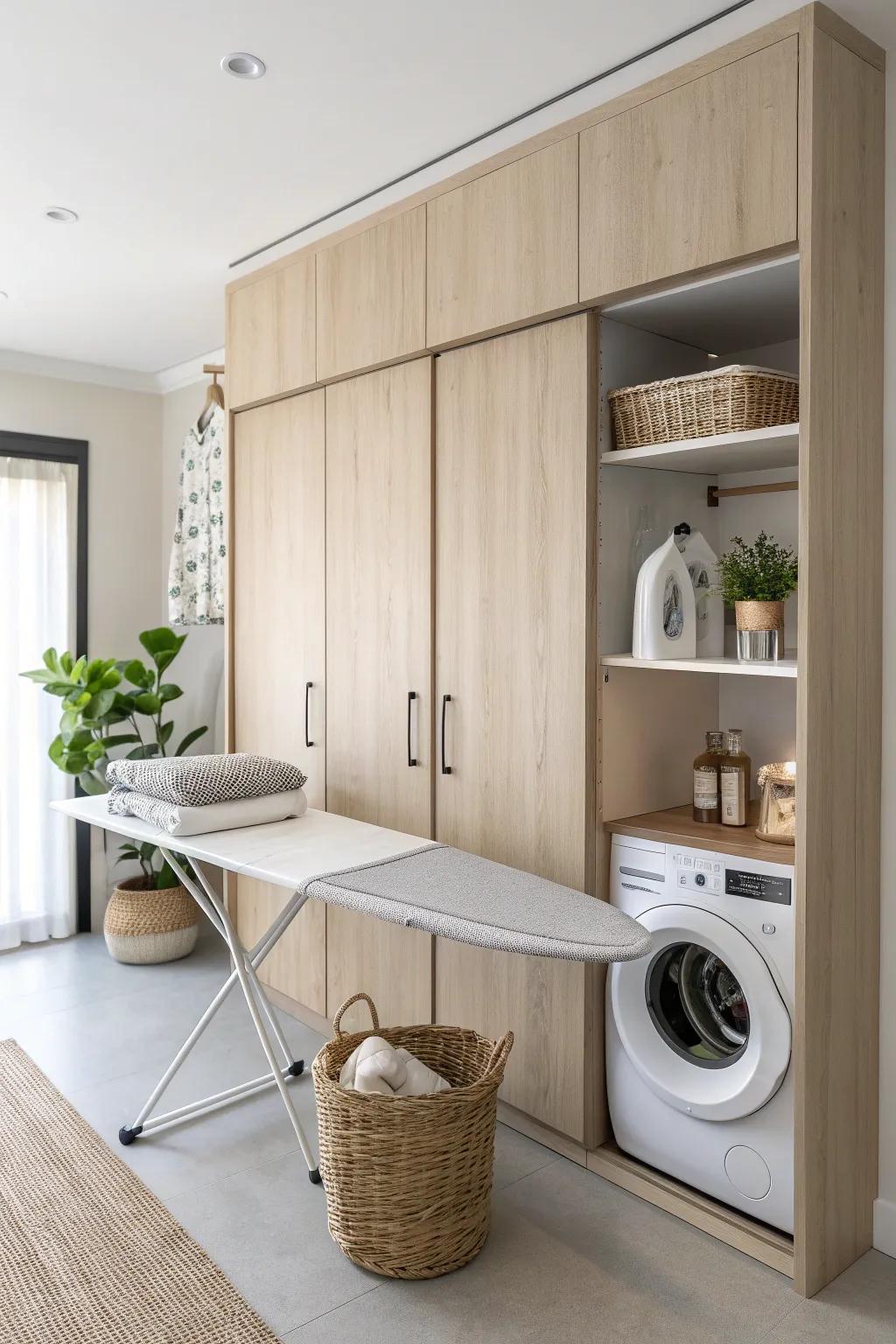 Transform your laundry space with a sleek pull-out ironing board for effortless elegance and convenience. #ScandinavianStyle #MinimalistLiving
