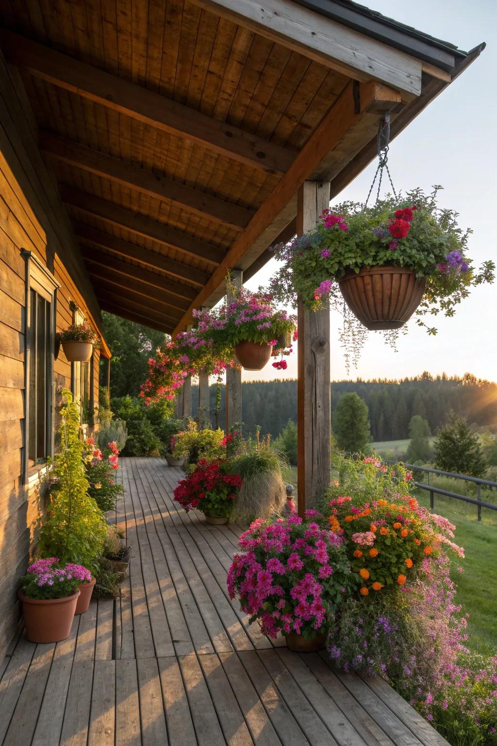 Transform your porch into a garden oasis with vibrant potted plants and hanging flowers.