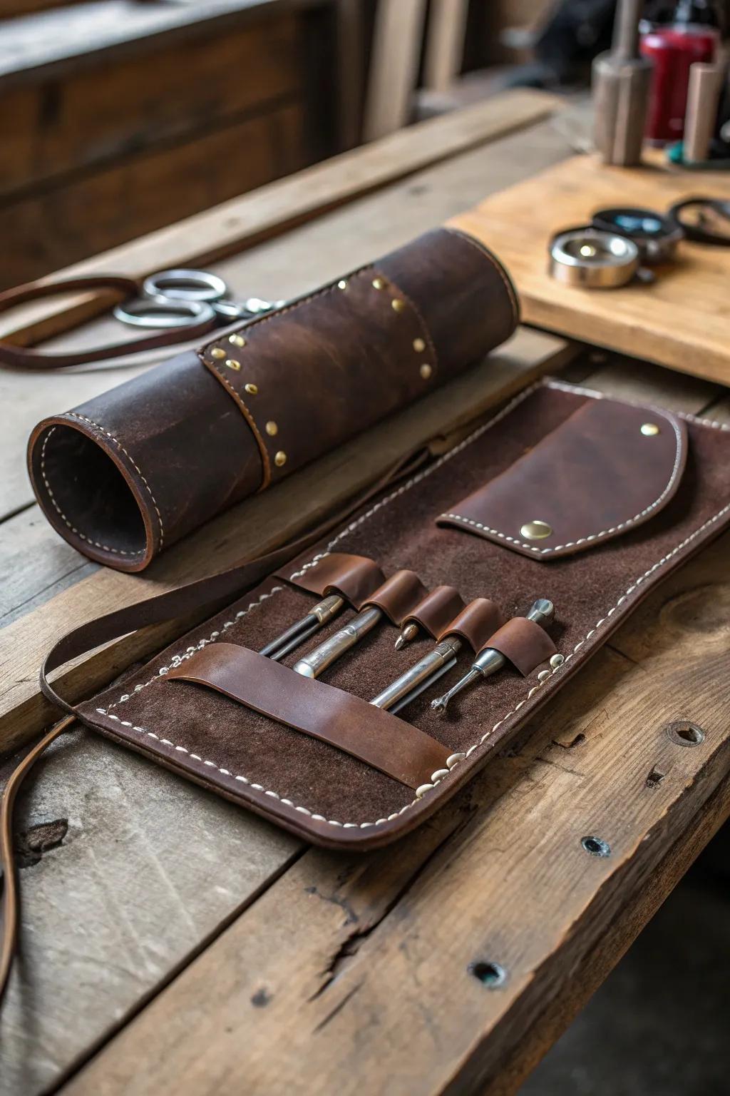 Elevate your workshop with the elegance of a handcrafted leather tool roll.