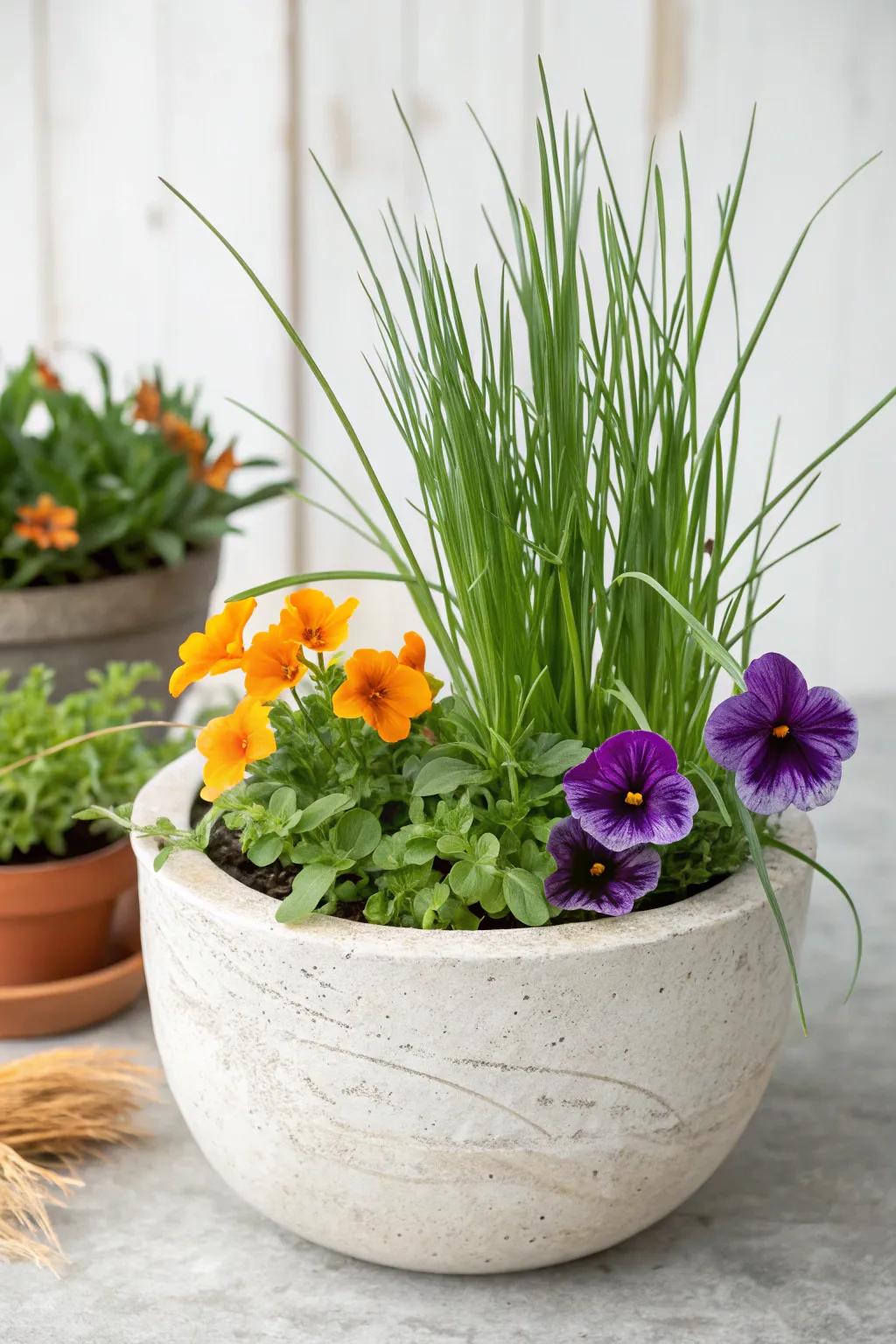 Elevate your garden with a charming companion planter: lemongrass, petunias, and marigolds in perfect harmony.