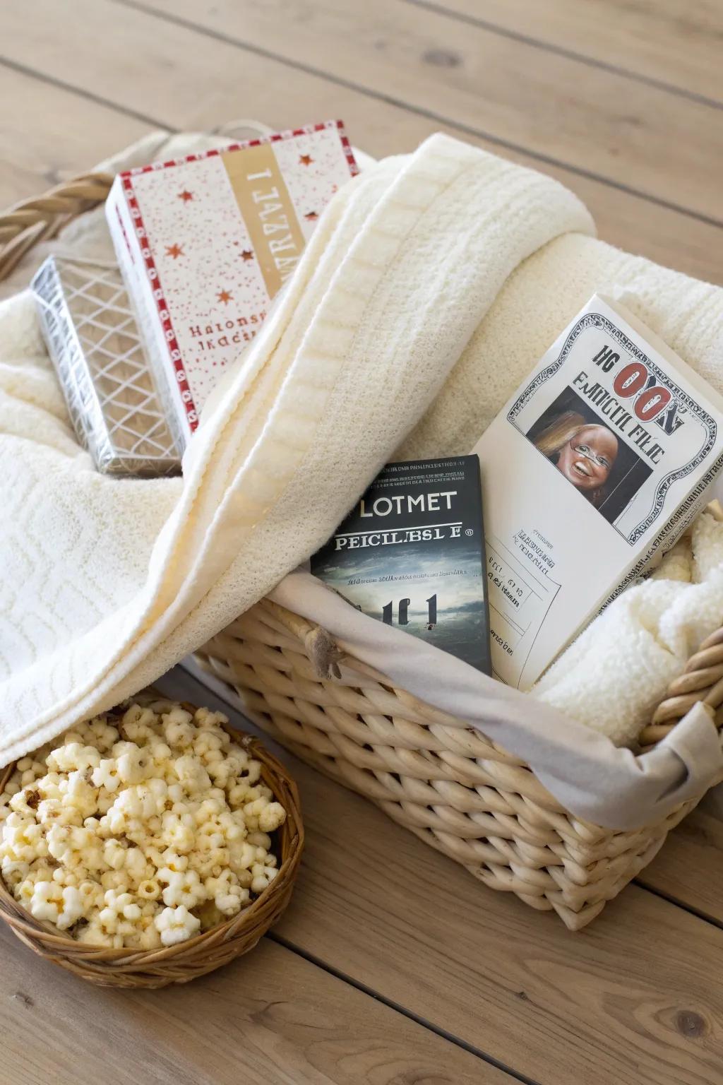 Cozy up with a movie night gift basket and a dash of luck!