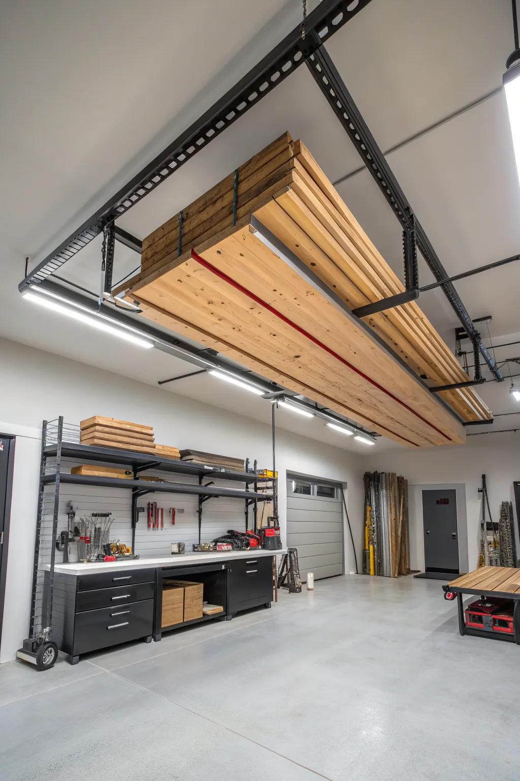Elevate Your Workshop: Transform your space with stylish and efficient ceiling lumber storage.