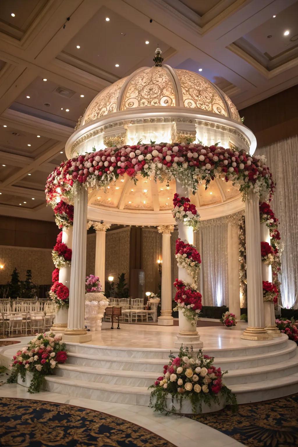 A luxurious floral dome mandap creates a captivating focal point.