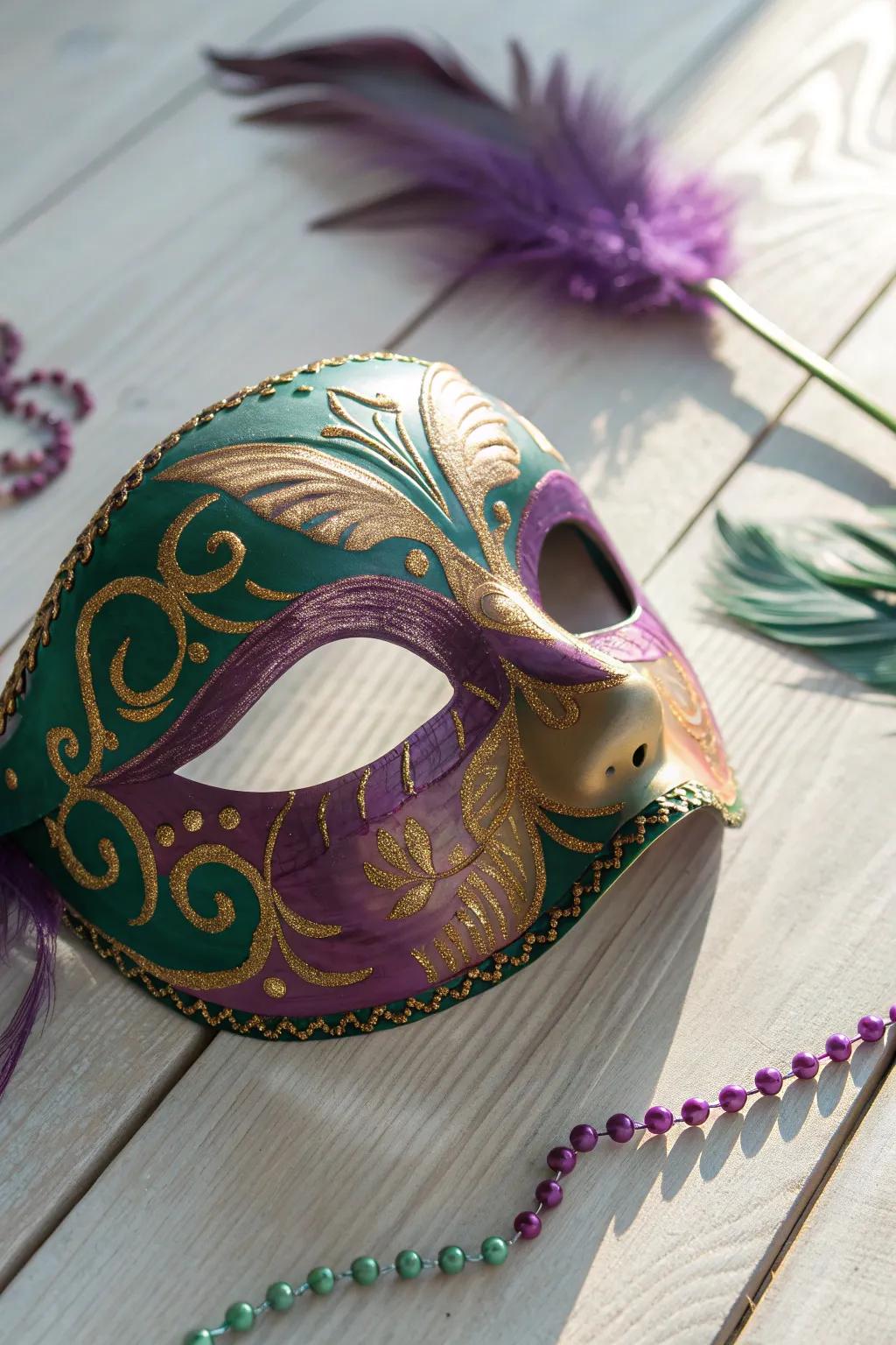 Embrace the artistry of Mardi Gras with a stunning hand-painted mask that blends Scandinavian minimalism with boho flair.