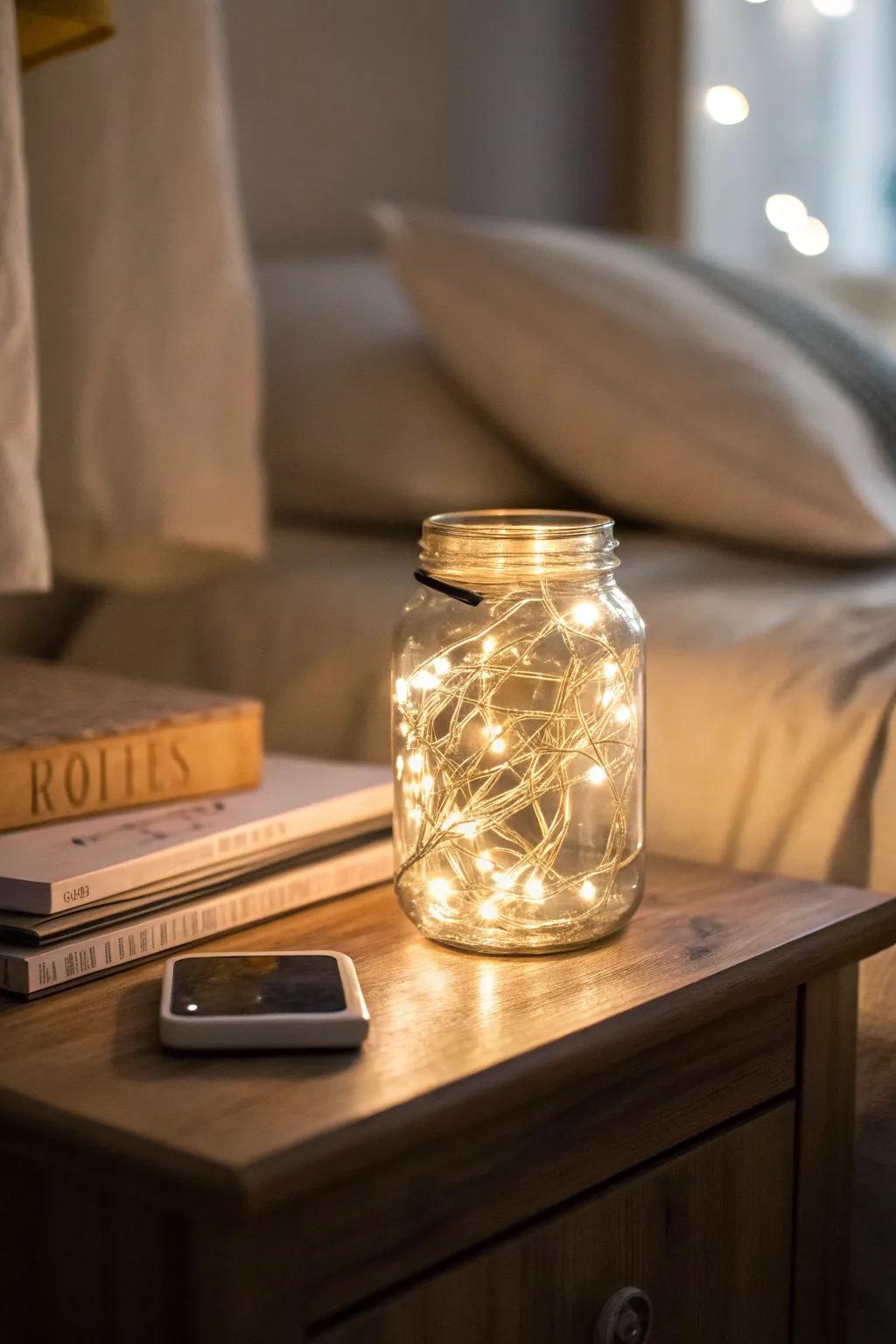 Enchanting glow with mason jar fairy lights.