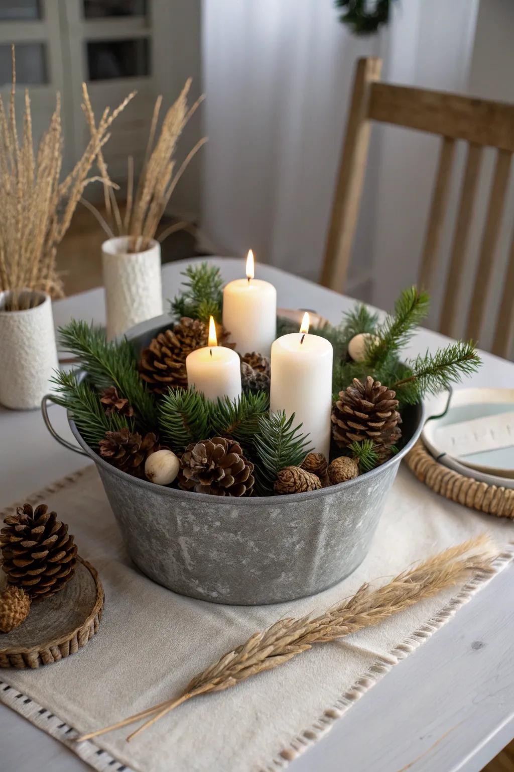 Transform your table with a stunning metal bucket centerpiece brimming with natural charm.