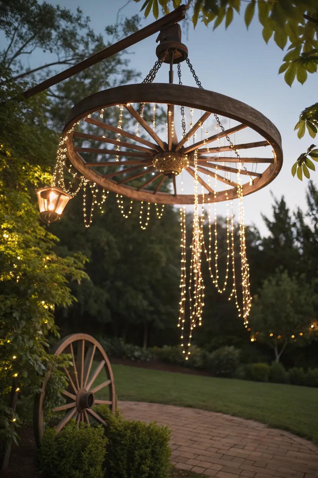 Transform your garden with a wagon wheel chandelier, where rustic charm meets modern elegance.