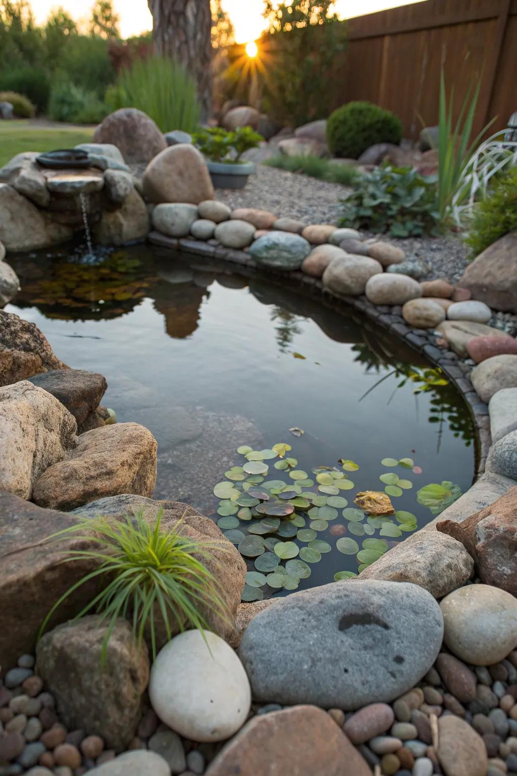 Transform your space with a personalized rock-edged mini pond—nature's tranquility in your backyard.