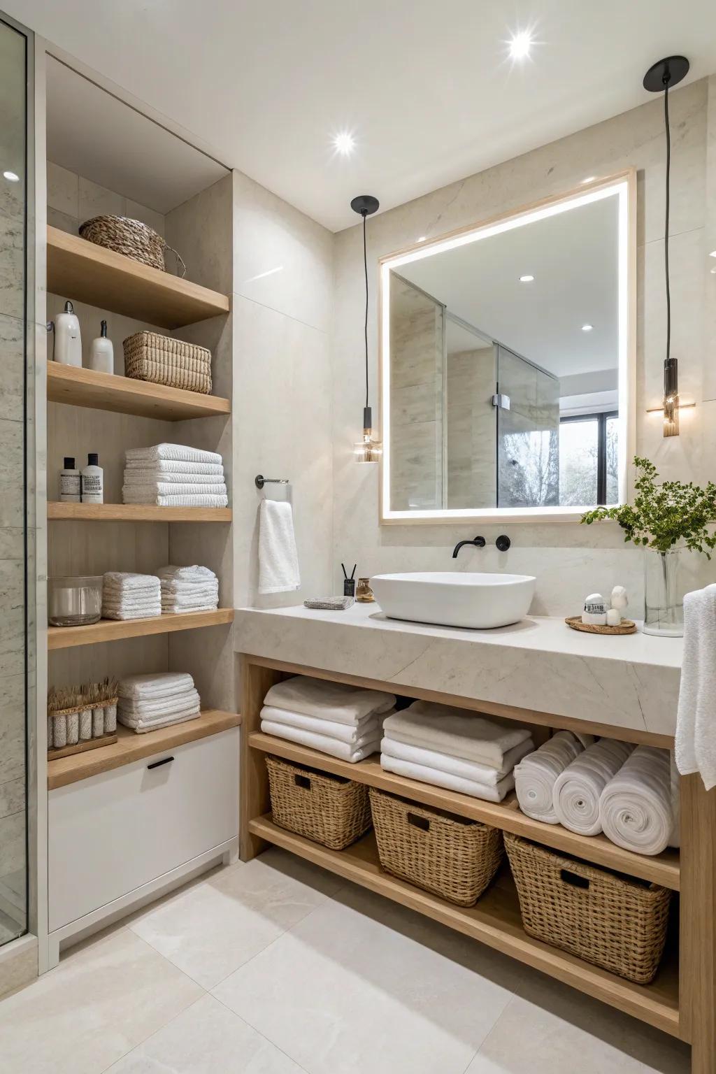 Open shelving adds accessibility and style to modern bathroom spaces.