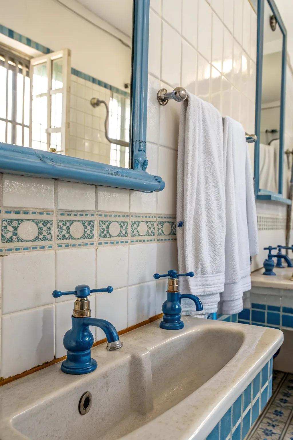 Blue fixtures add a subtle yet impactful touch to this modern bathroom.