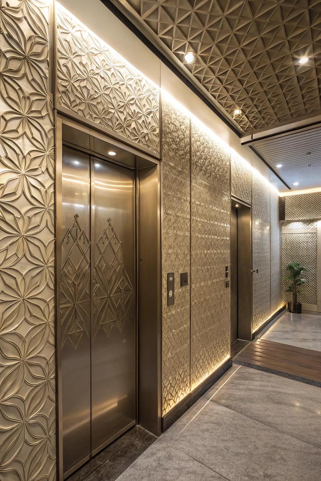 An elevator interior with 3D textured walls featuring geometric patterns for an artistic touch.