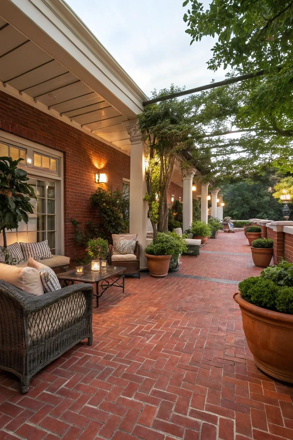 Brick flooring infuses patios with timeless charm.