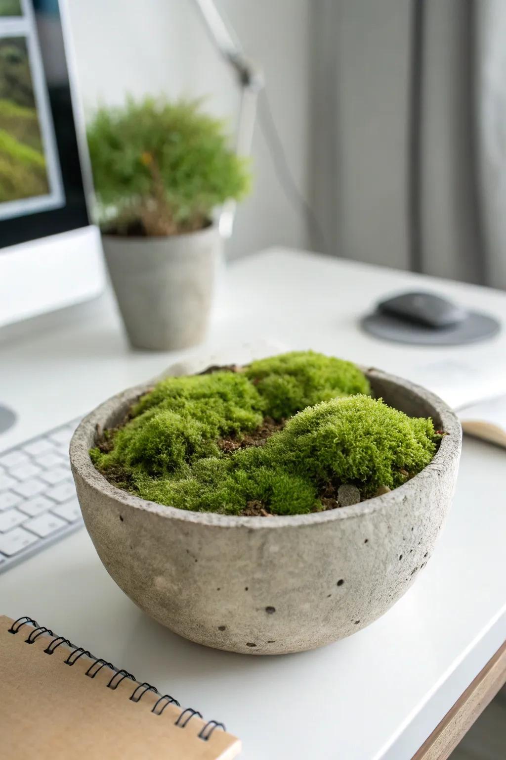 A modern concrete bowl planter with vibrant moss.