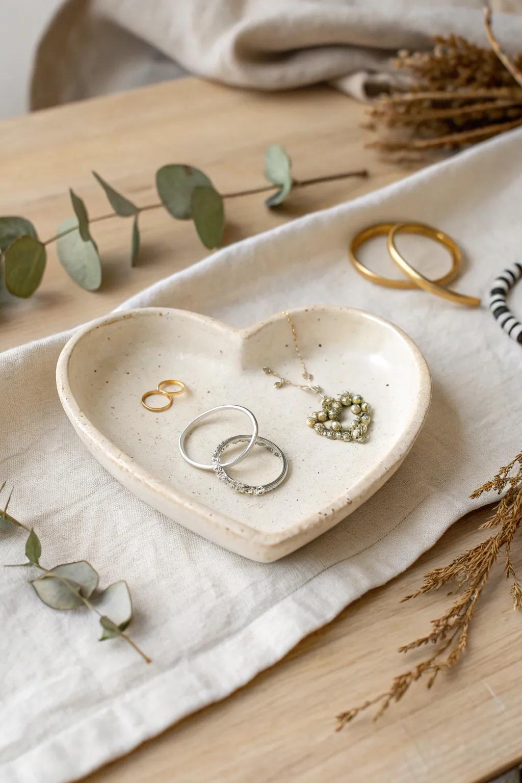 Crafted with love: A charming clay heart dish for all of Mom's treasures. Perfect for adding a personal touch to Mother's Day.