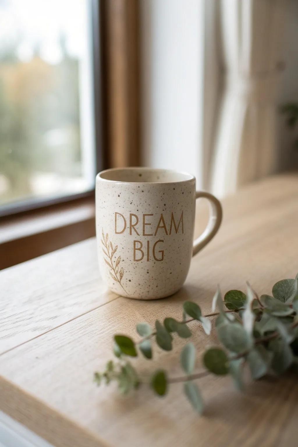 Start your day with inspiration—sip from a mug that reminds you to 'Dream Big'.