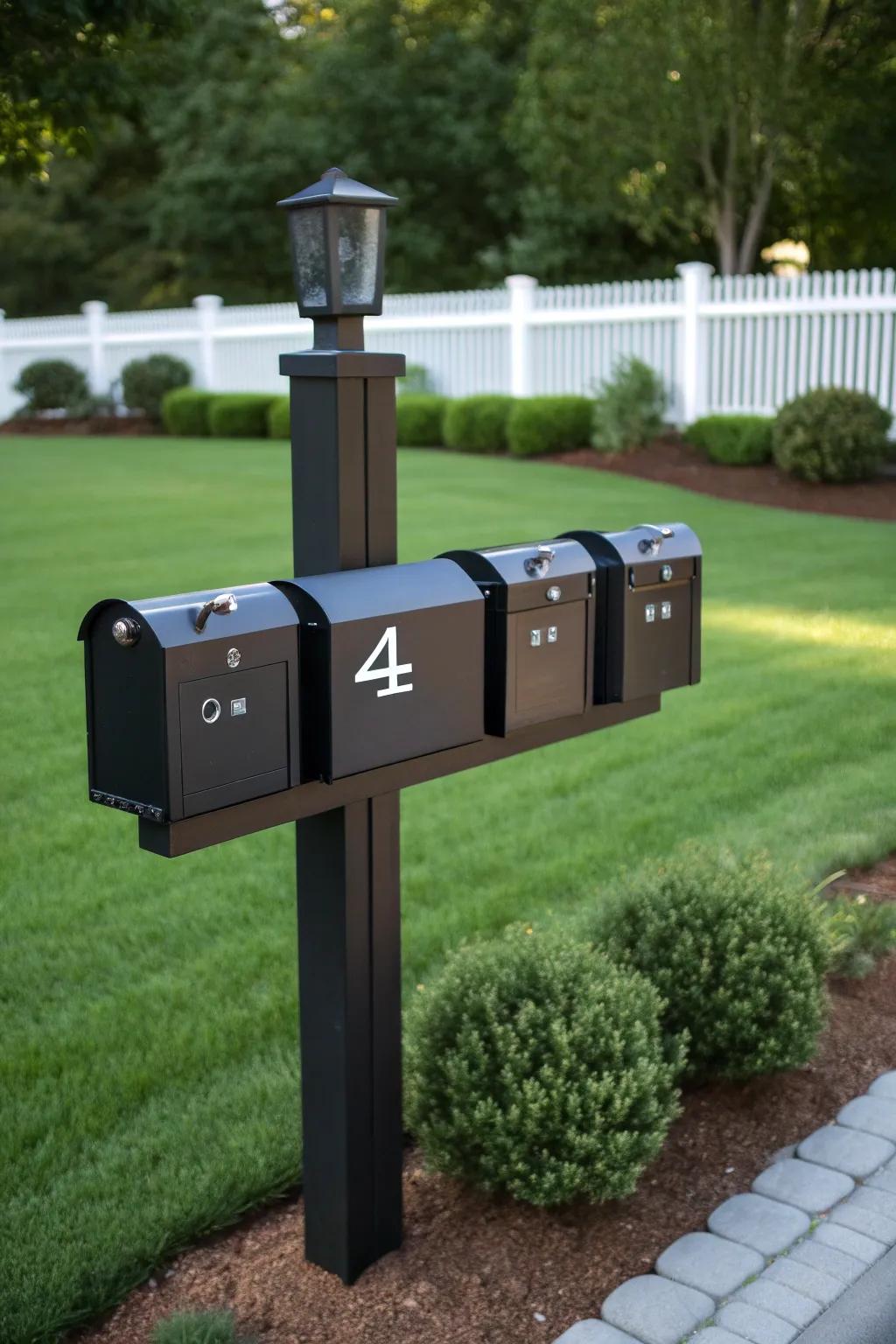 Elevate curb appeal with this symmetrical quad mailbox design, perfect for shared living spaces.
