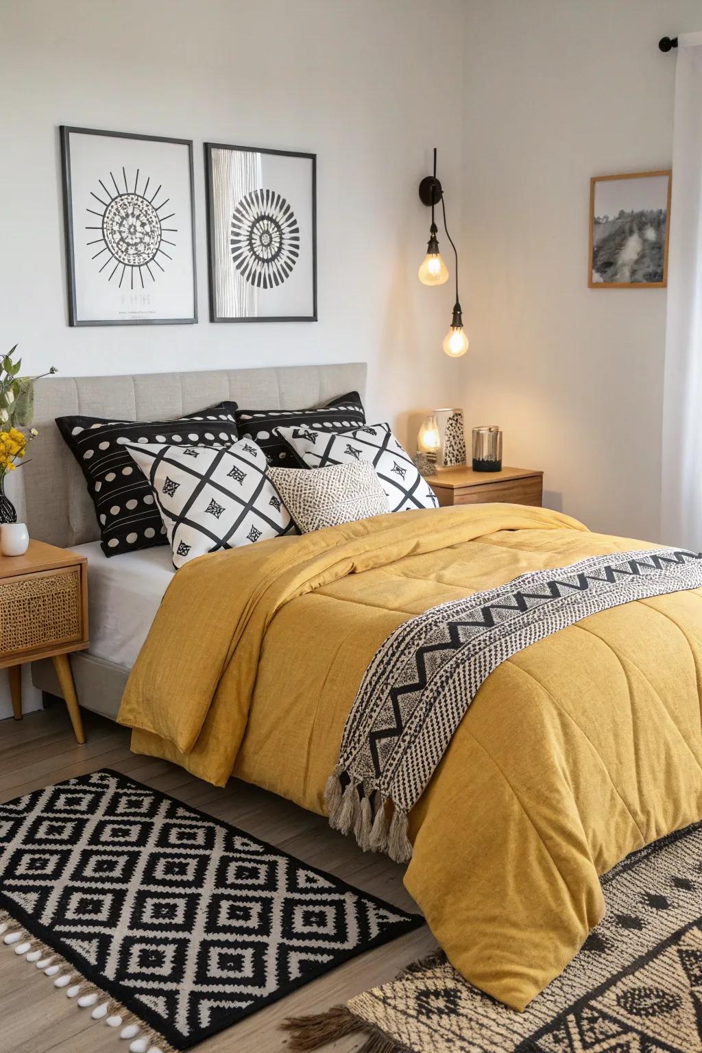 A chic bedroom with the perfect balance of mustard and monochrome.