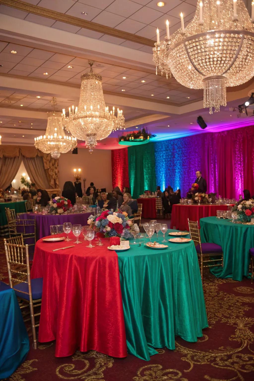 A vibrant jewel-tone color theme adds a unique flair to the reception.