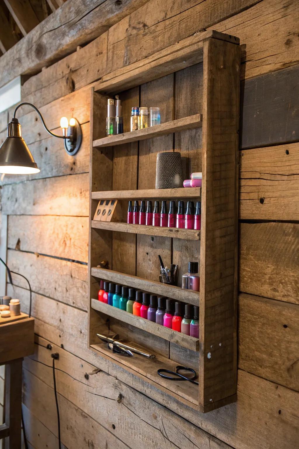 Transform your shed with vintage charm: a creative storage solution that keeps your nail supplies stylishly organized.