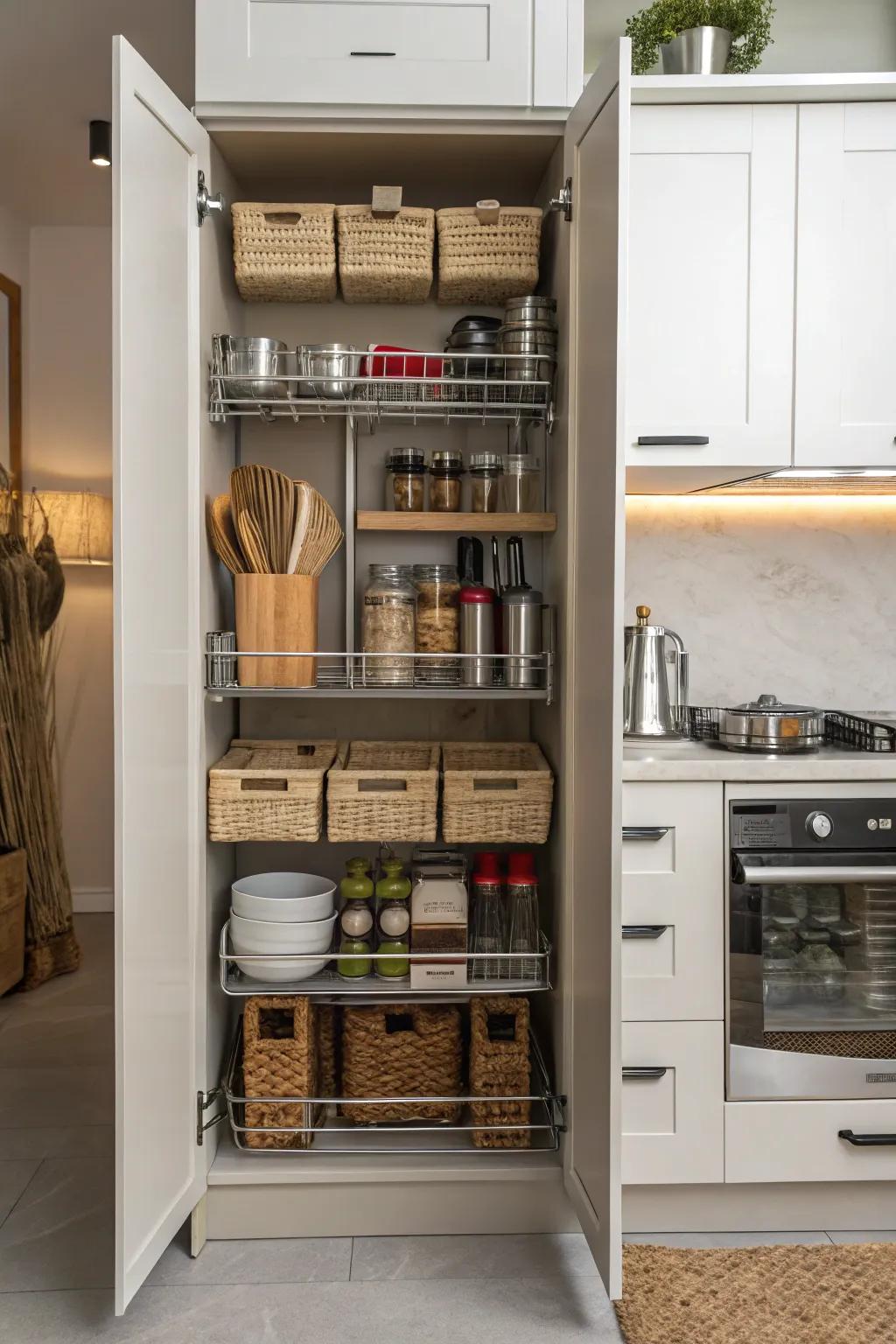 An open narrow cabinet with racks and dividers for organized storage.