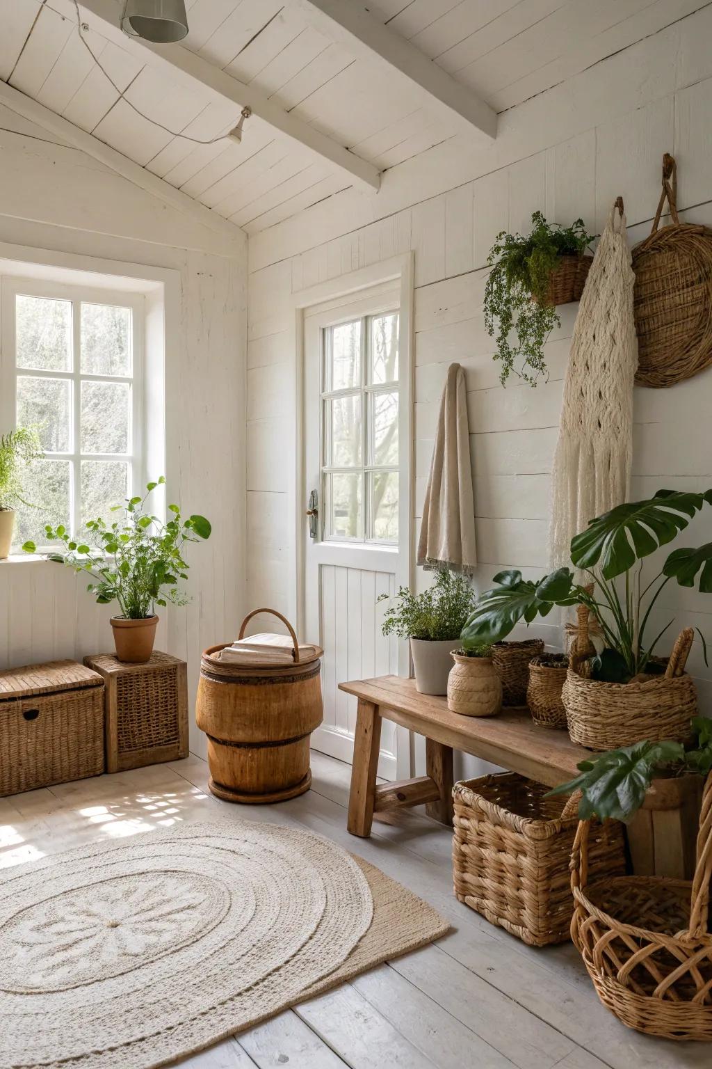 White paint highlights natural decor beautifully.
