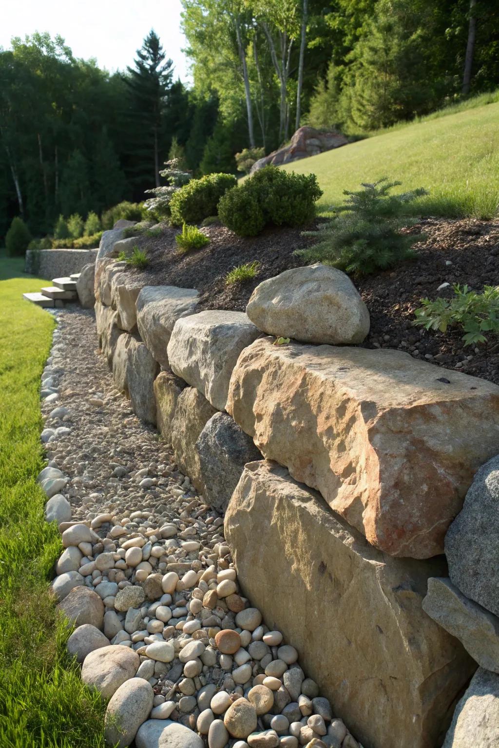 Embrace the art of contrast with a rock wall that blends diverse stone sizes for timeless appeal.