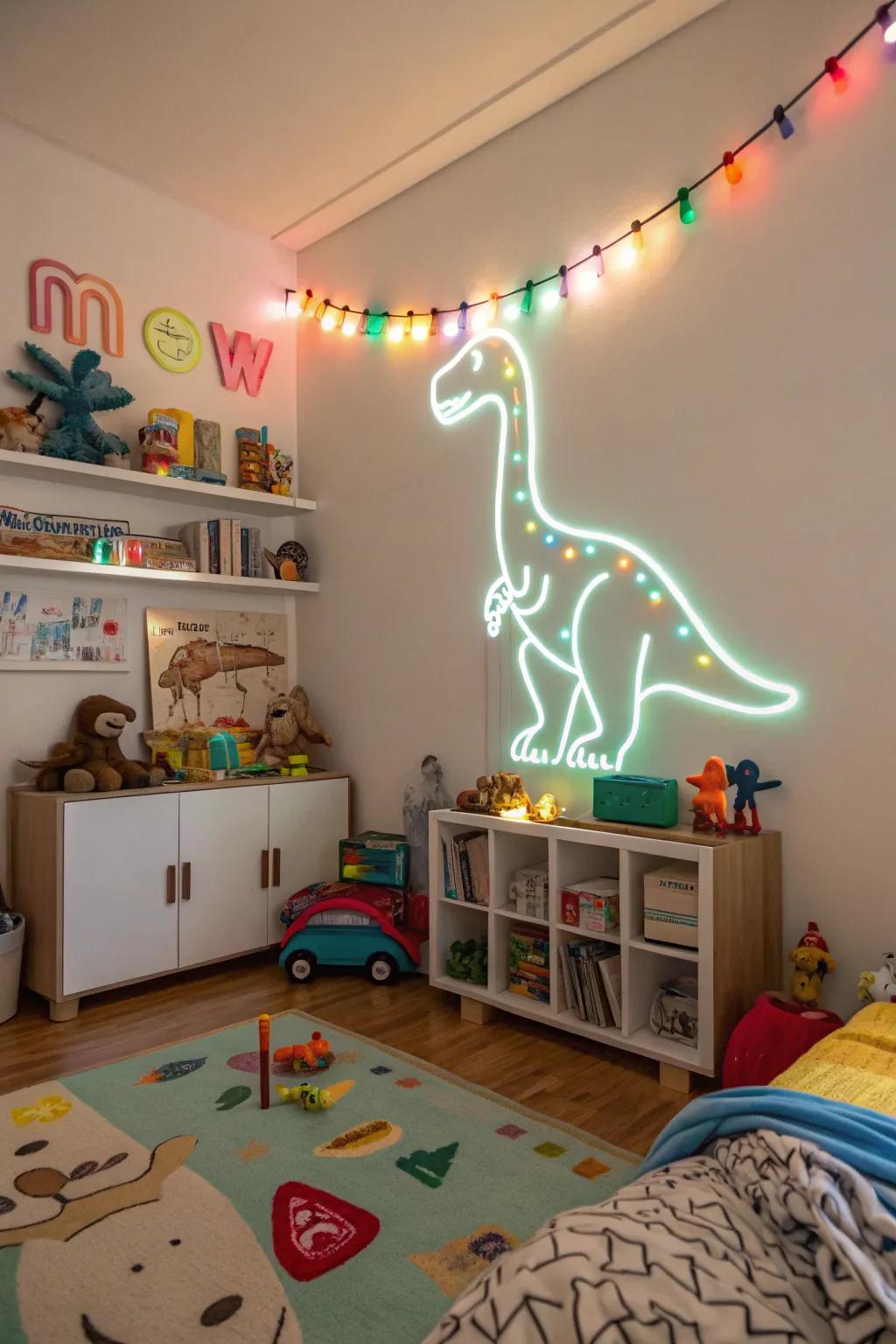 A neon dinosaur sign brings fun and whimsy to a child's room.