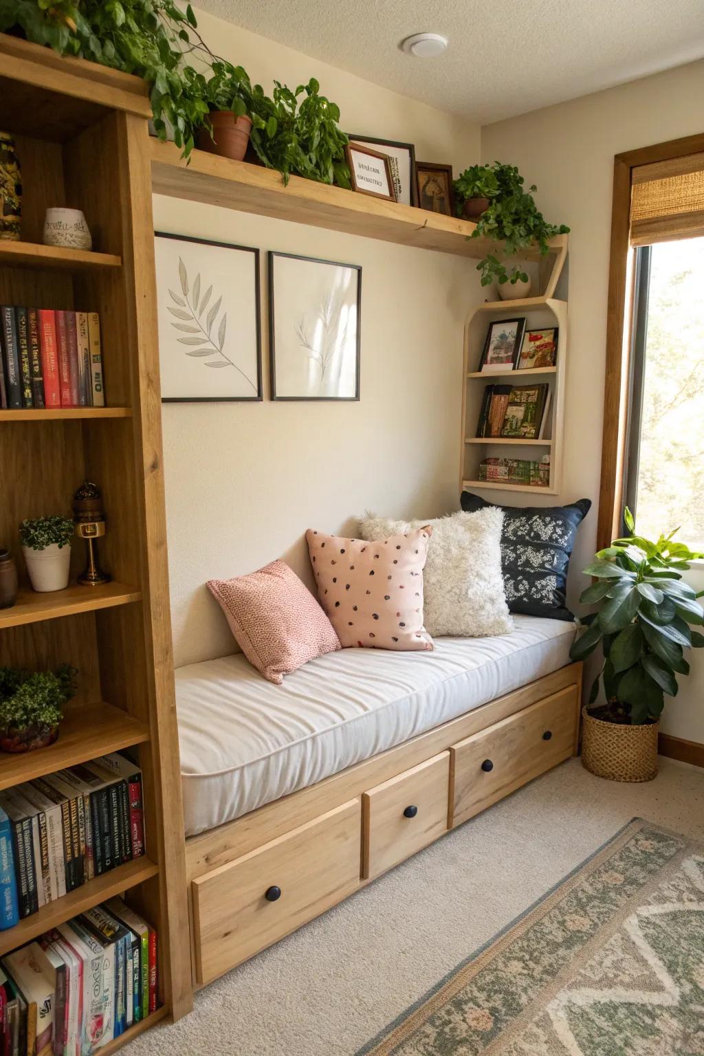 A daybed reading nook is perfect for unwinding in your office.