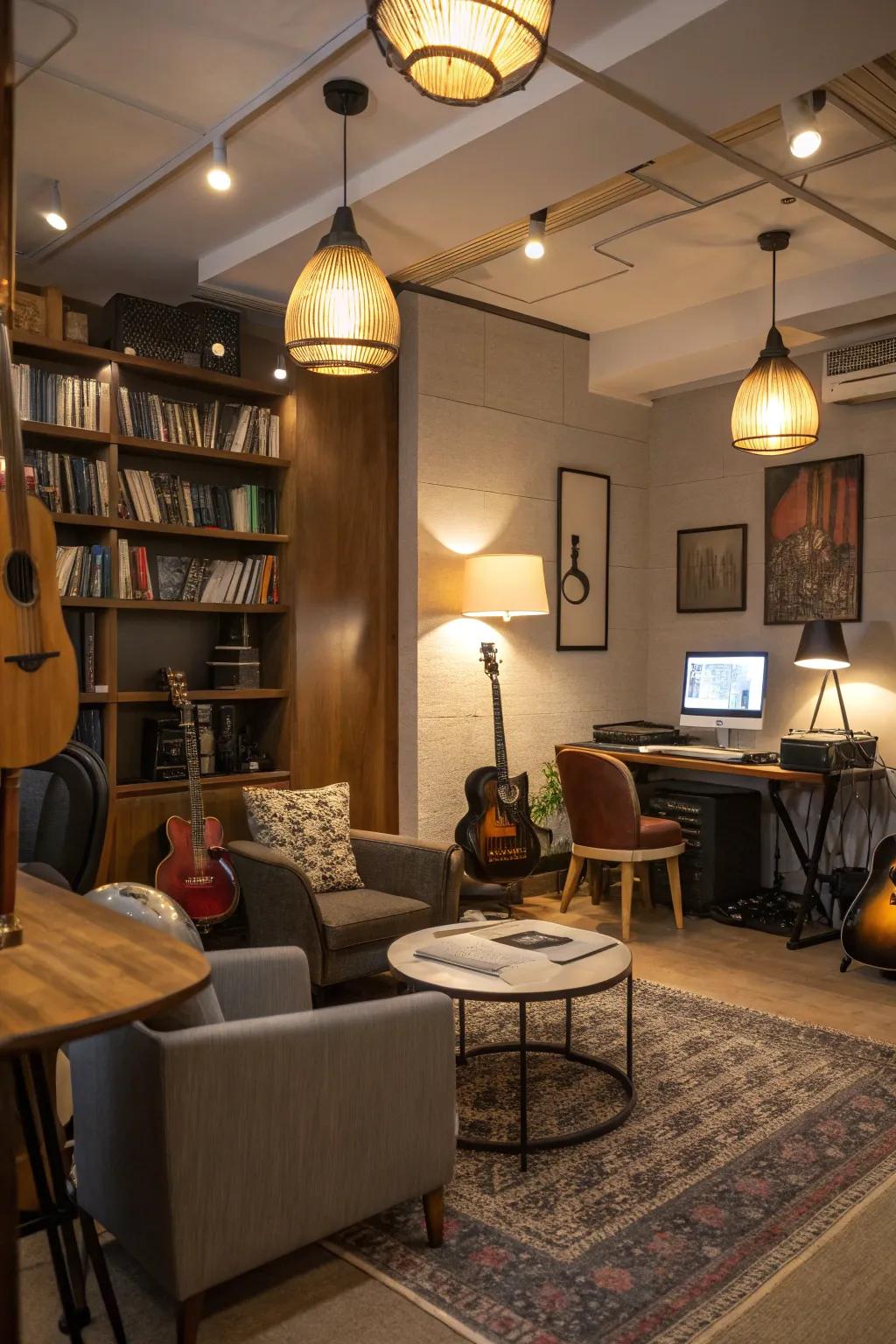Warm lighting enhances the ambiance of the room.