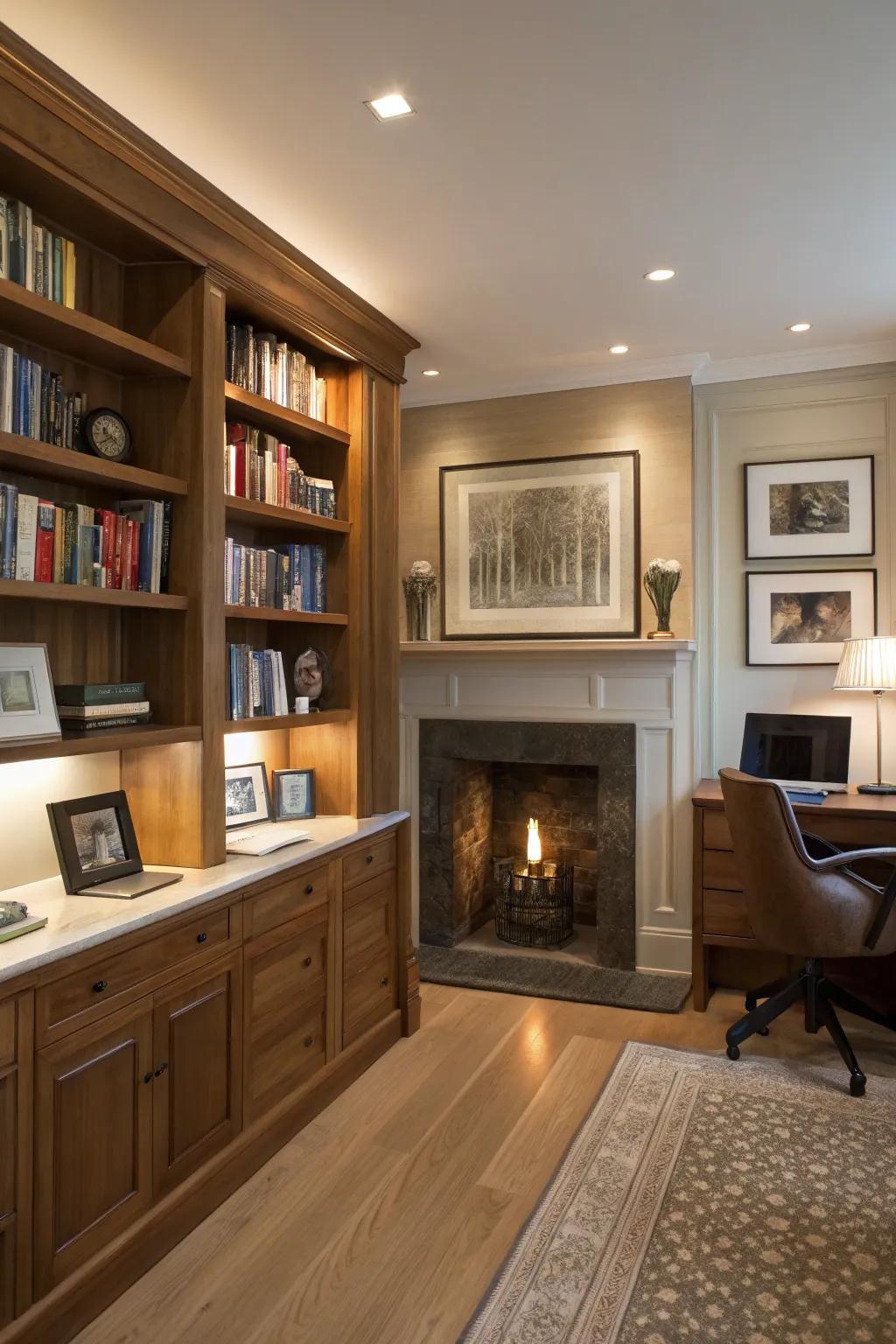 Built-in shelves enhance functionality and style.