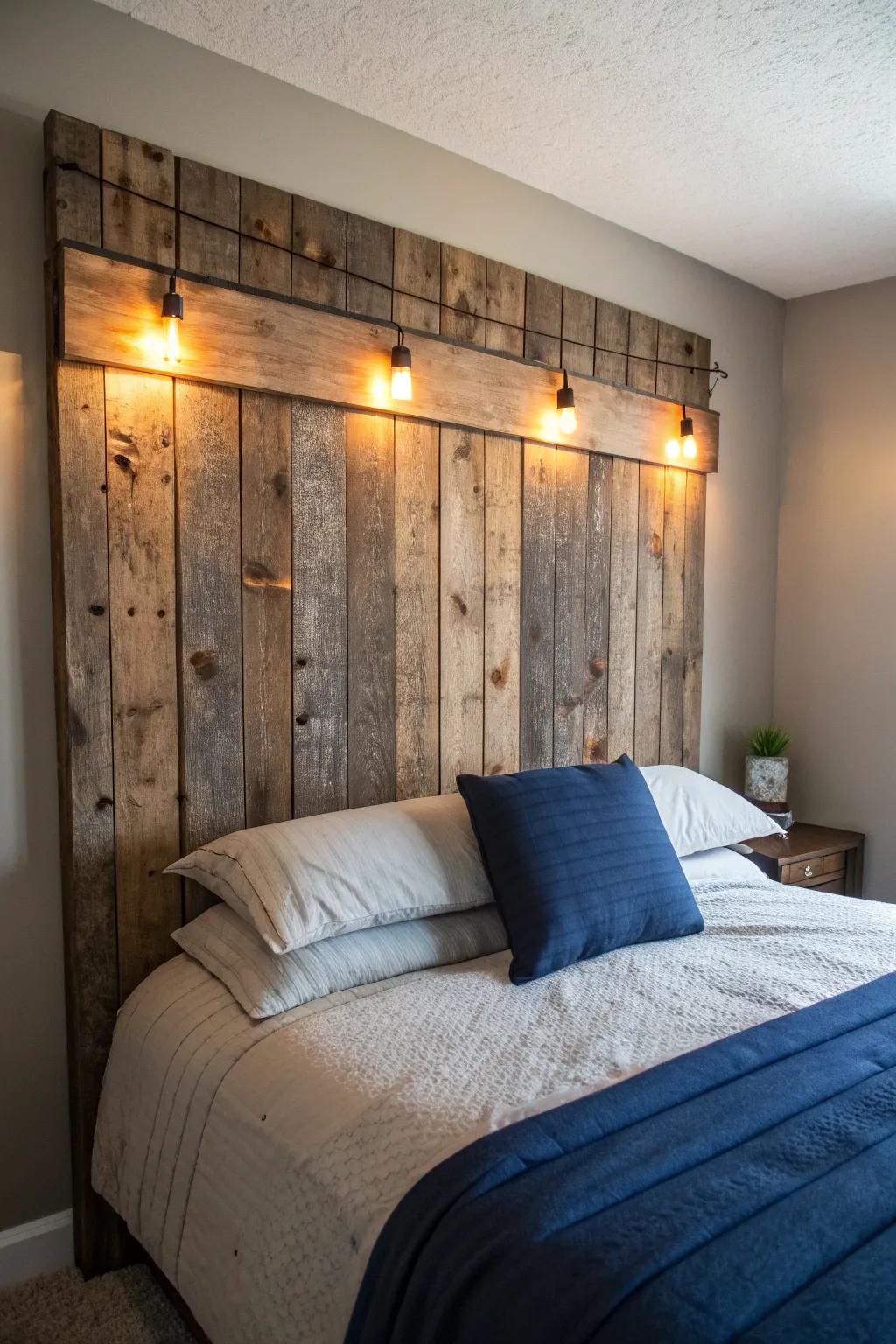 Transform your bedroom with a rustic illuminated headboard, blending cozy warmth with timeless style.