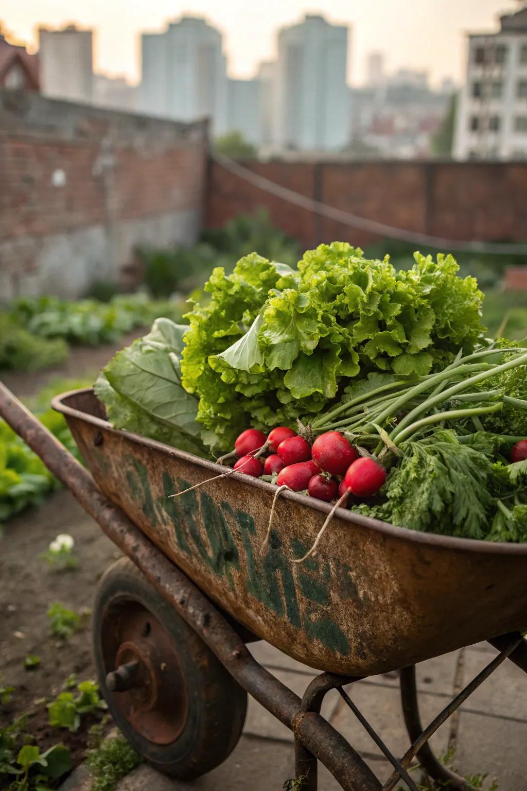 Transform your space with a vintage touch: A wheelbarrow vegetable garden.