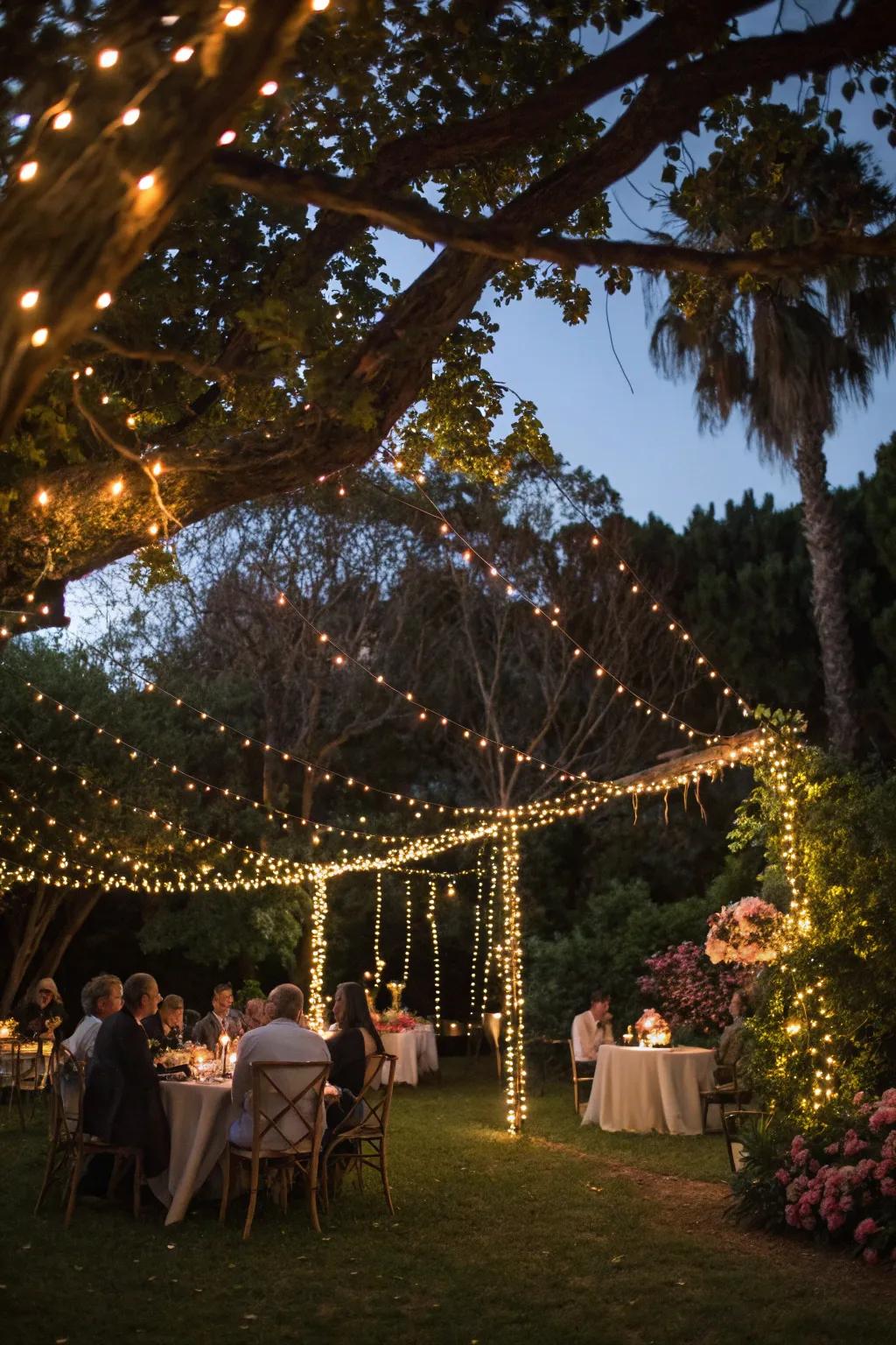 Enchanting string lights illuminate an outdoor wedding reception.