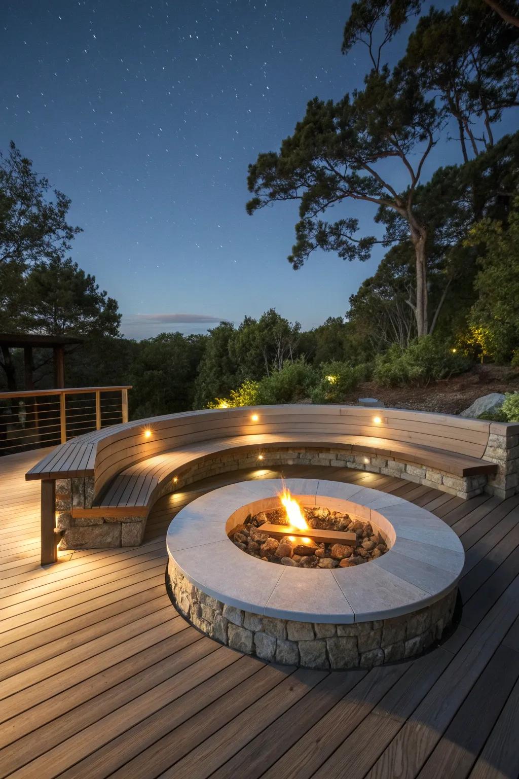 Transform your deck into a warm, inviting retreat with a stunning fire pit centerpiece.