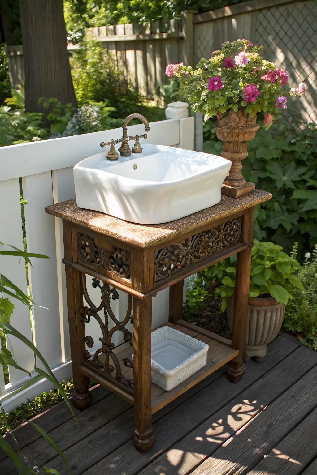 Embrace vintage charm with this stunning porcelain sink centerpiece for your outdoor oasis.