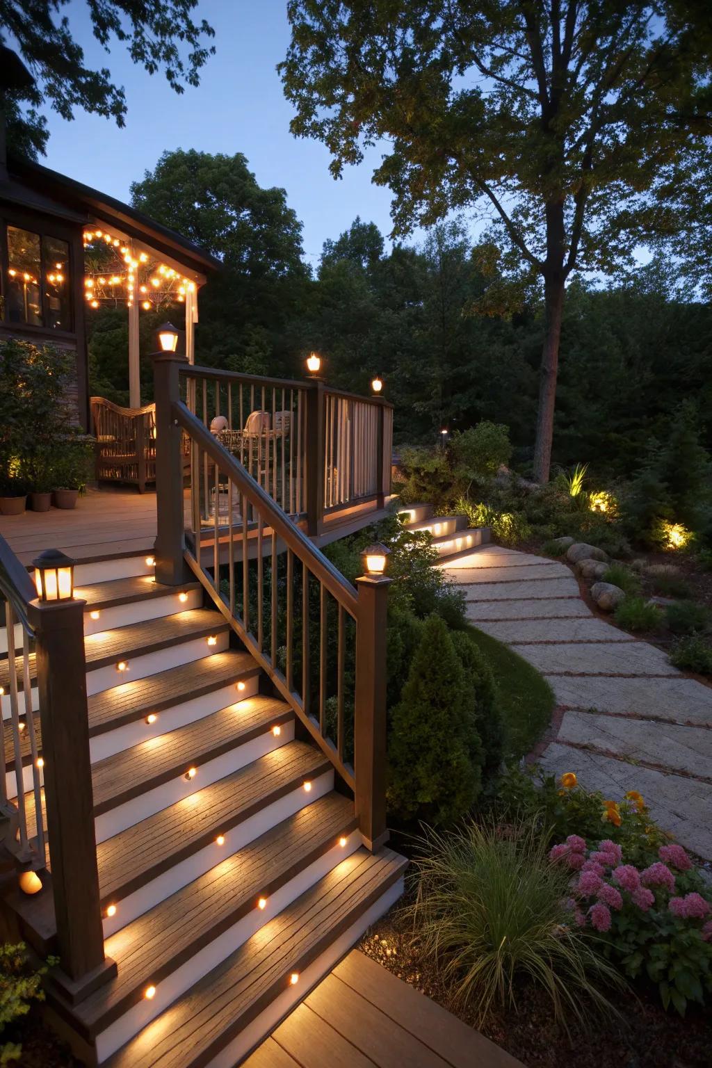 Create a welcoming deck with solar lights adding a warm glow.