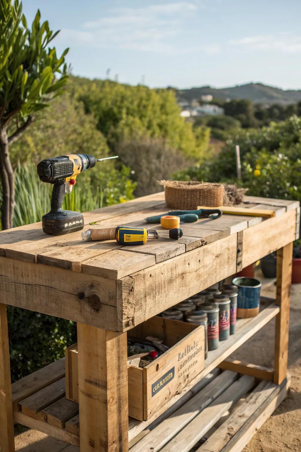 Transform your outdoor space with this rugged, pallet-built workbench — where creativity meets craftsmanship.